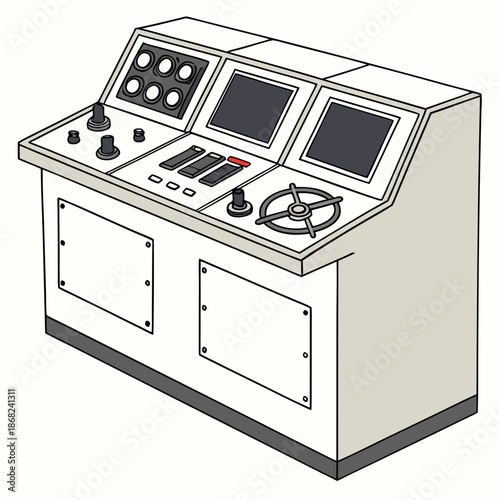 Marine robotics control station hardware with clean interface, futuristic operator console for underwater drone management, professional vector.