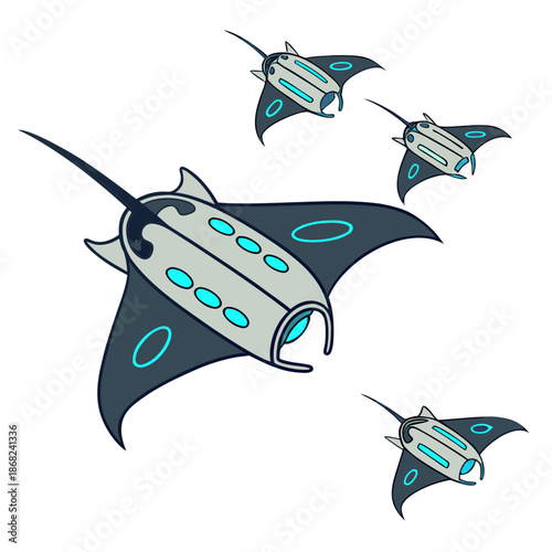 Marine robotics swarm of mini underwater drones for deep sea surveillance, group of autonomous submersibles, vector illustration.