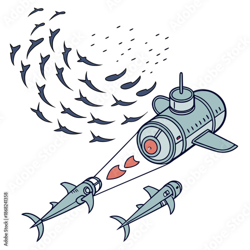 Autonomous swarm of mini underwater drones for collective ocean exploration, marine robotics fleet technology, vector illustration.