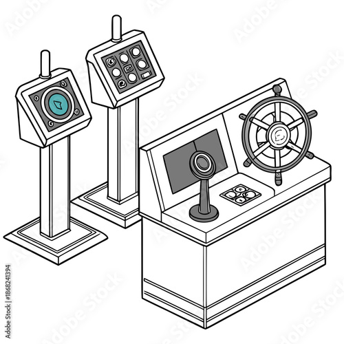 Marine VR training simulator hardware setup for maritime personnel education, futuristic virtual reality equipment for ship pilots, vector illustration.