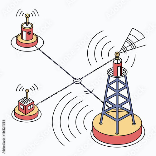 Advanced Marine Wave Monitoring System and Buoy Network for Oceanographic Data Collection, Vector Illustration