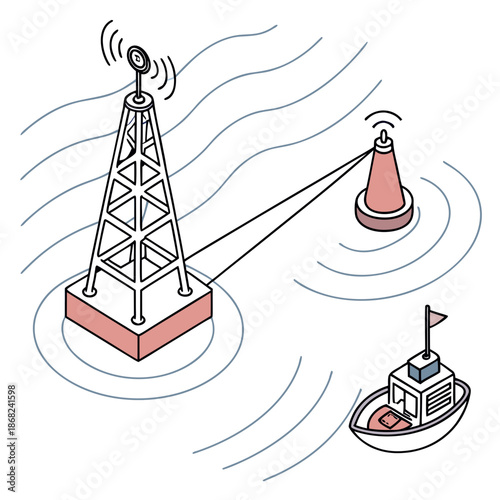 Ocean Wave Monitoring Buoy Network Visualization for Marine Research and Weather Forecasting, Clean Vector Illustration