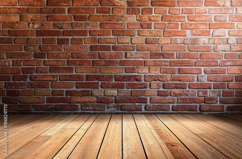 A rustic brick wall with wooden flooring, creating a warm and inviting atmosphere for various interior designs.