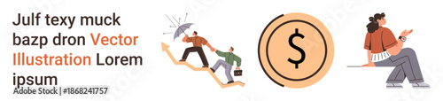 Teamwork, financial planning, career growth, economic success, progress, collaboration. Illustration features helping teammates on stairs, dollar symbol and a seated figure. Teamwork and financial