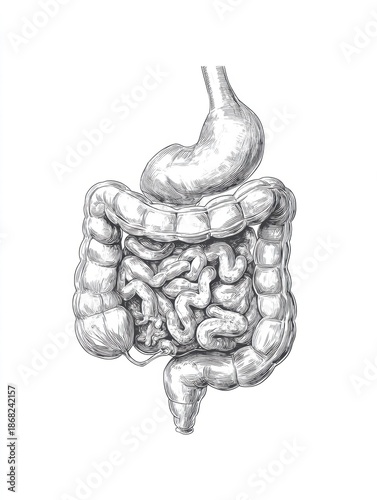 Detailed anatomical illustration of human digestive system isolated on white background, medical education concept ideal for healthcare presentations