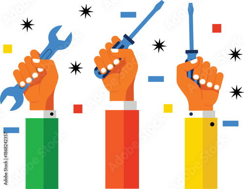 Comprehensive flat vector collection of professional construction hand tools power equipment and safety gear for industrial repair home improvement and diy workshop maintenance projects