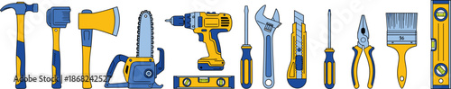 Flat vector illustration set of professional construction tools including drill, hammer, saw, and wrench for home improvement projects.