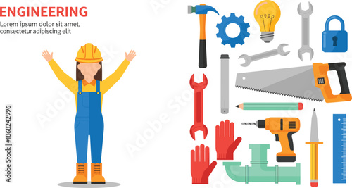 Professional female engineer character with industrial construction tool set including drill saw hammer and safety equipment for engineering building maintenance 