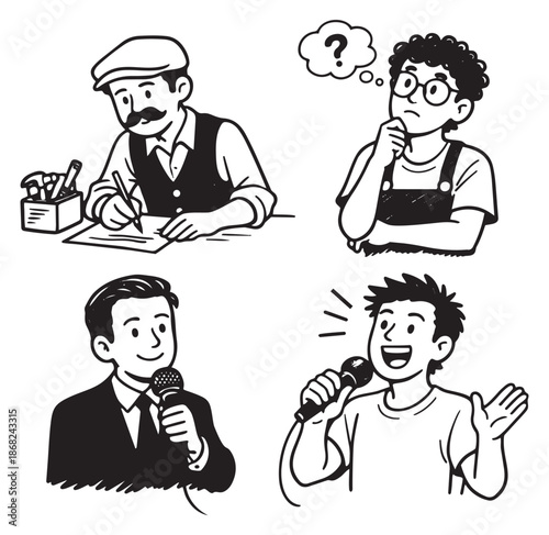 Hand drawn line art characters set featuring men and a person thinking, writing, and speaking for various concepts