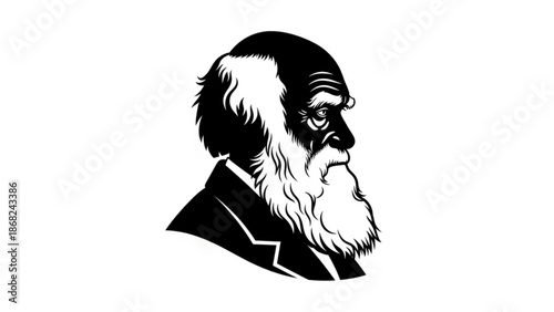 Charles Darwin portrait illustration profile silhouette of the scientist concept of evolution and natural selection isolated on white background
