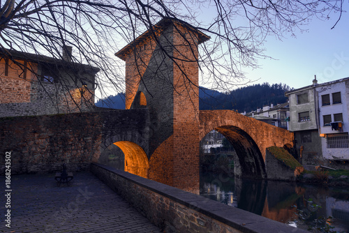 Old bridge of Muza in the beautiful village of Balmaseda at night, Vizcaya, Basque country, Spain.