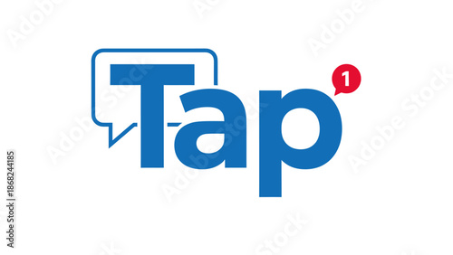 A blue word "Tap" integrated with a speech bubble, and a red notification