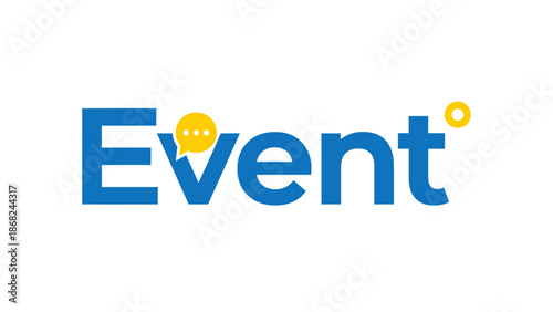 The word "event" in blue, with a yellow speech bubble and yellow circle. White background