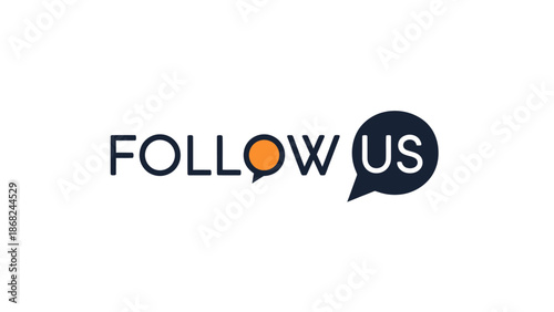 Follow Us" text graphic with speech bubbles, orange and dark blue, on white background