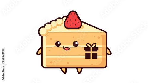 Cute cartoon slice of cake with kawaii features, a strawberry, and gift illustration
