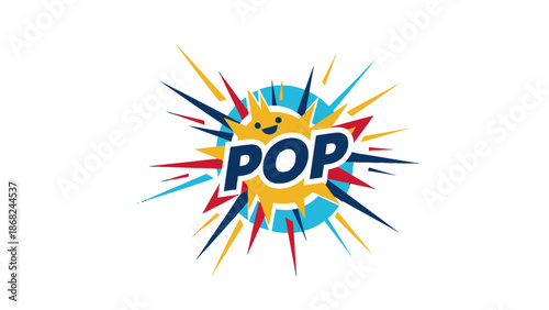 A comic-style "POP" graphic with a central burst, smiley face, and sharp, colorful elements