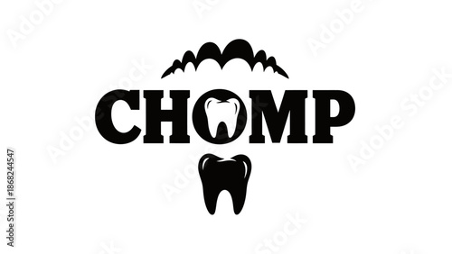 A stark, black and white logo with "CHOMP" over a tooth illustration, and a biting motion