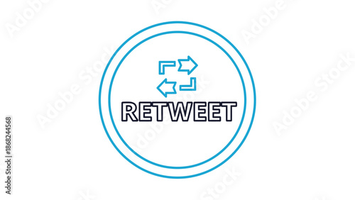 A circular blue graphic with "RETWEET" text and arrows in a white background