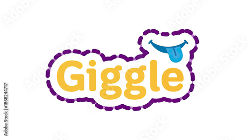 A stylized illustration of the word "Giggle" in yellow with purple border and a smiling face