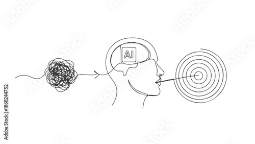 One continuous line art vector illustration of an AI brain processing complex data into organized output