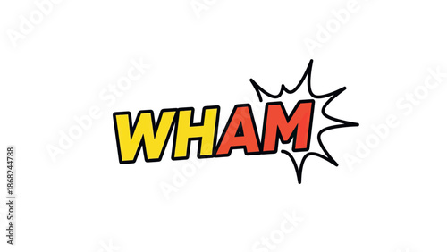 Comic book-style "WHAM" text bubble with yellow and red letters, and a black outline on white