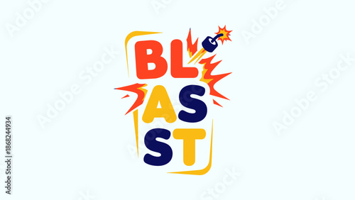 Colorful "BLAST" text design with an exploding bomb element, set against a light background