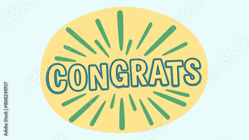 Congrats" text in a shadowed blue font, placed on a yellow oval with green bursts, on a light blue backdrop