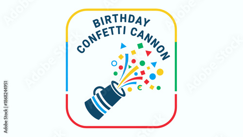 A birthday celebration logo featuring a confetti cannon design with colorful shapes