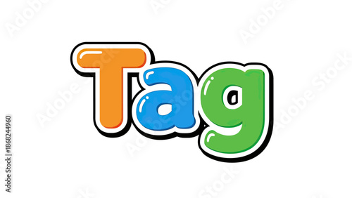 A colorful cartoon "Tag" word with bold letters in orange, blue, and green on a white background