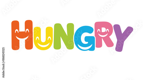 Colorful "HUNGRY" word art. Smiling cartoon letters in shades of orange, yellow, green, blue, pink, and purple