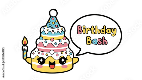 Adorable kawaii birthday cake with a party hat, candle, and speech bubble that says "Birthday Bash.
