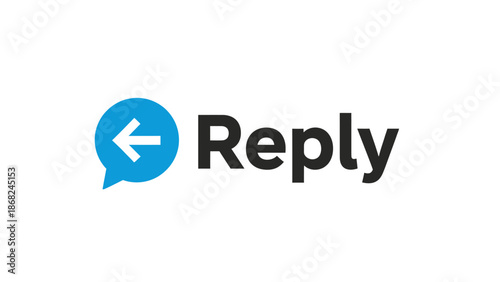 A blue chat bubble with an arrow pointing left, next to the word "Reply" in black text