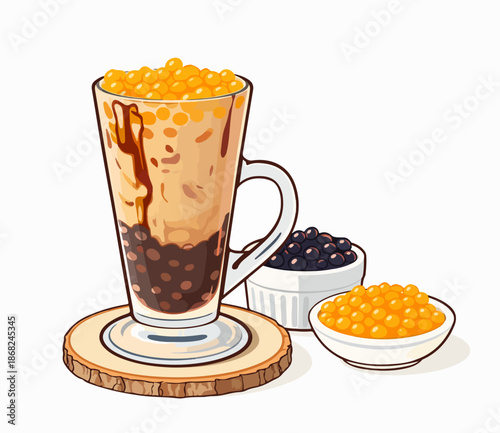 Drink with plenty of milk and tapioca pearls presented on a wooden coaster.