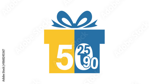 A stylized gift box with a bow on top, split color scheme, and numbers in white