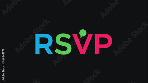 Colorful "RSVP" text with a speech bubble graphic on black background