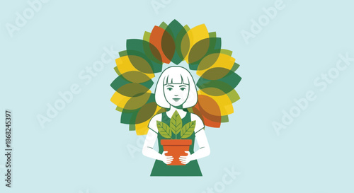 Illustration of young girl holding a potted plant with a colorful leaf halo behind her, representing growth, nature, and nurturing young life