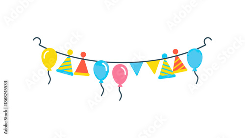 Festive garland featuring party hats, balloons, and pennants against a white backdrop