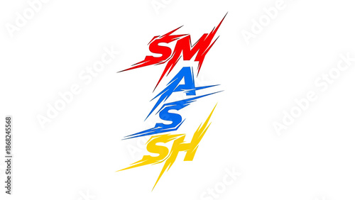 The word "SMASH" in stylized, jagged font, vertically stacked in red, blue, and yellow