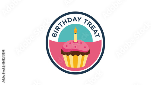Circular emblem "Birthday Treat" around a cupcake with candle. Bright colors. White background