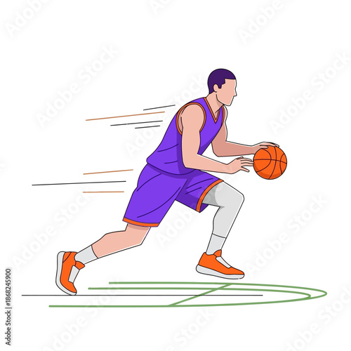 Dynamic basketball player dribbling with speed and motion in vibrant vector illustration