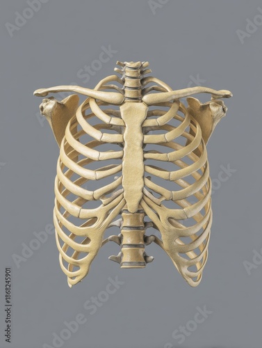 Beige 3D human rib cage on grey background with copy space, clean medical anatomy render for textbooks, clinics, and editable health infographics.