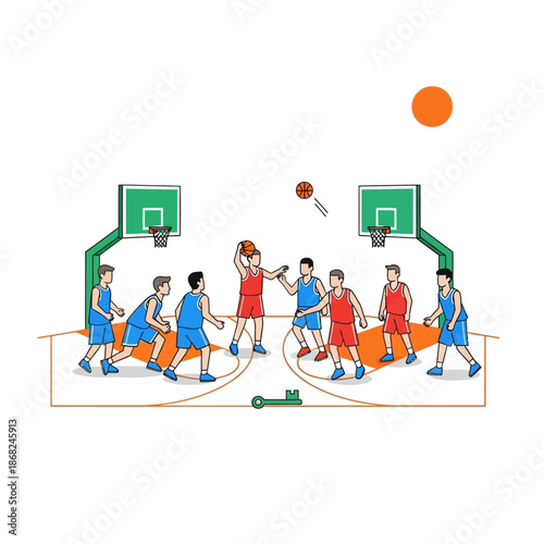 Dynamic basketball match illustration featuring skilled players battling it out on the court