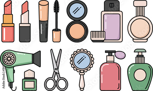 Beauty and cosmetics icons collection makeup hair care and personal care products