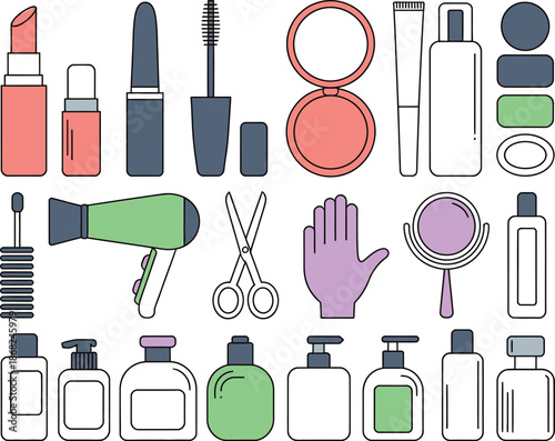Beauty and personal care products illustration with makeup and hair tools
