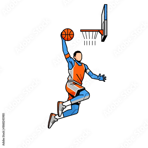 Dynamic illustration of a basketball player executing a slam dunk with artistic flair