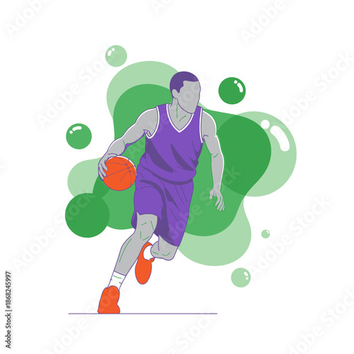 Dynamic basketball player dribbling with artistic abstract background element design