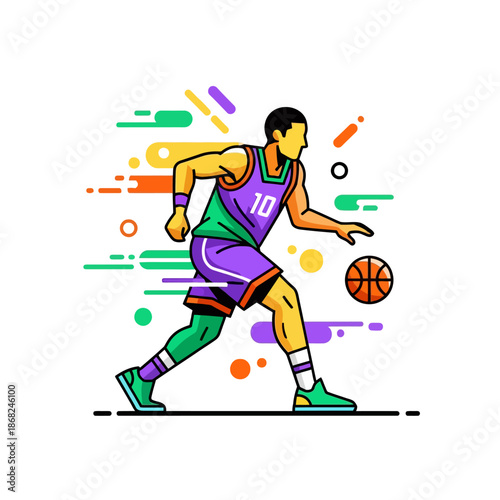 Dynamic basketball player dribbling with abstract lines and vibrant colors illustration