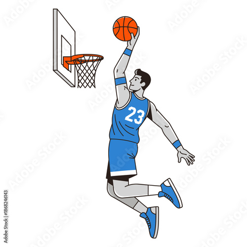 Dynamic basketball player performing a slam dunk with artistic vector illustration