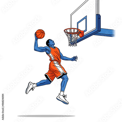 Dynamic basketball player in mid-air slam dunk illustration with vibrant orange and blue color