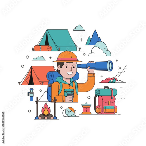 Adventurous explorer: A cheerful camper discovers nature using a telescope illustration